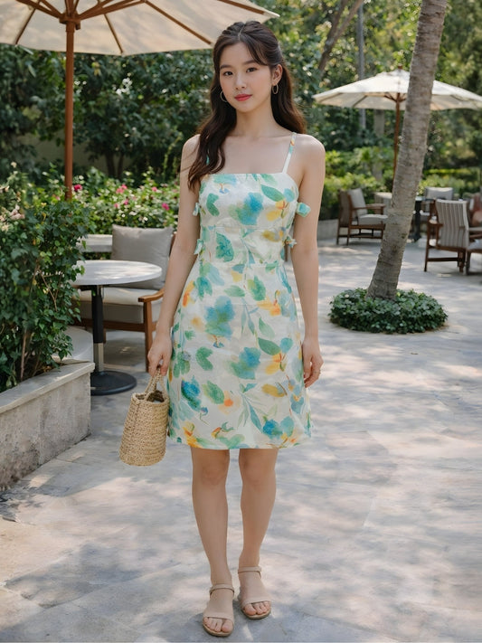 Cream Floral Shoulder Straps Mini Dress