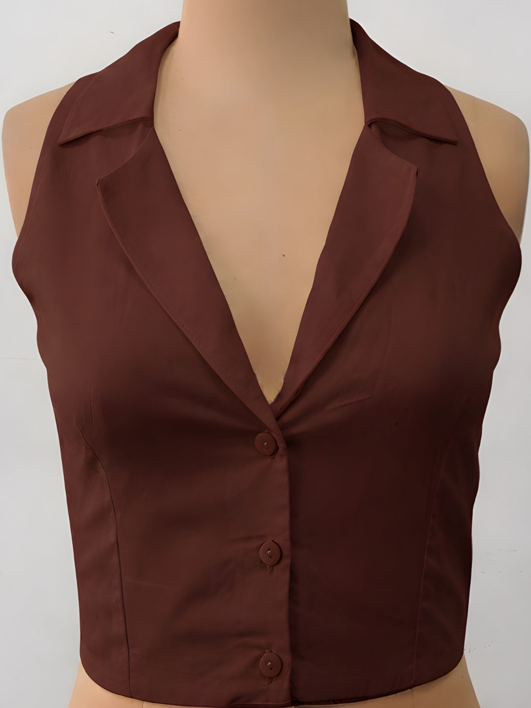 Brown Solid Sleeveless Tops