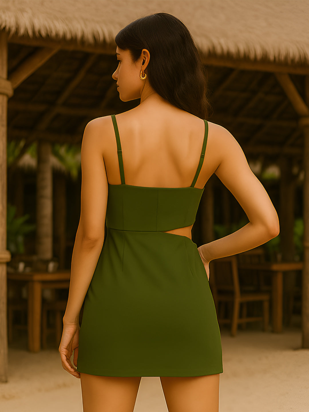 Olive Solid Shoulder Straps Mini Dress