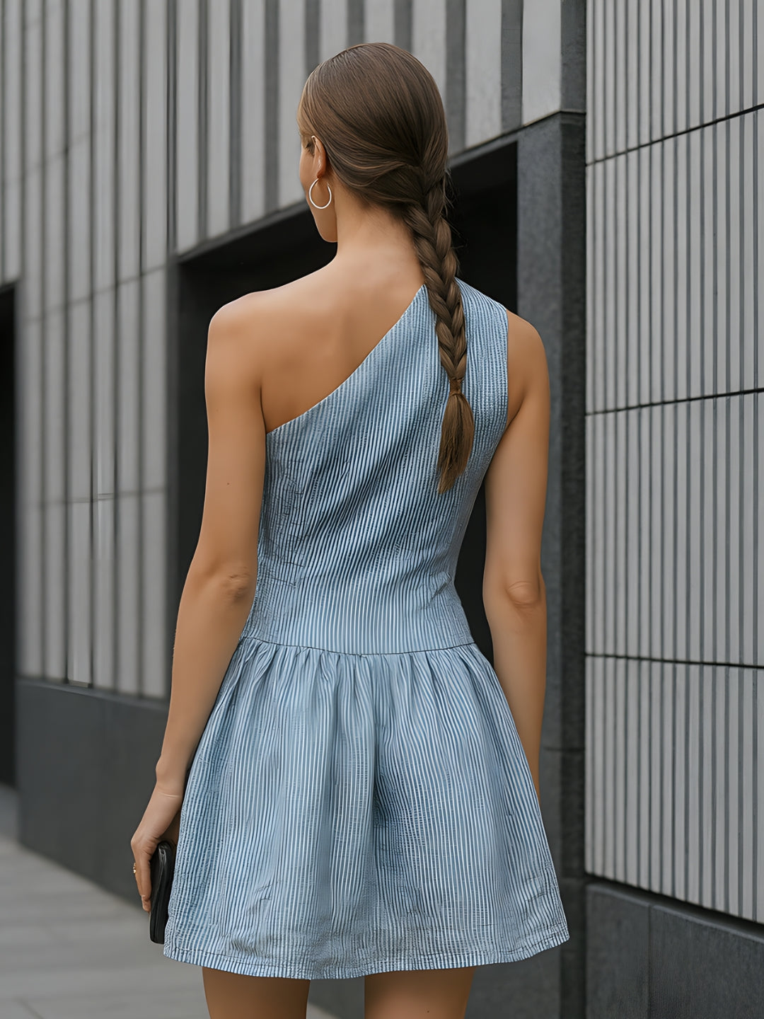 Blue Stripes One-Shoulder Mini Dress