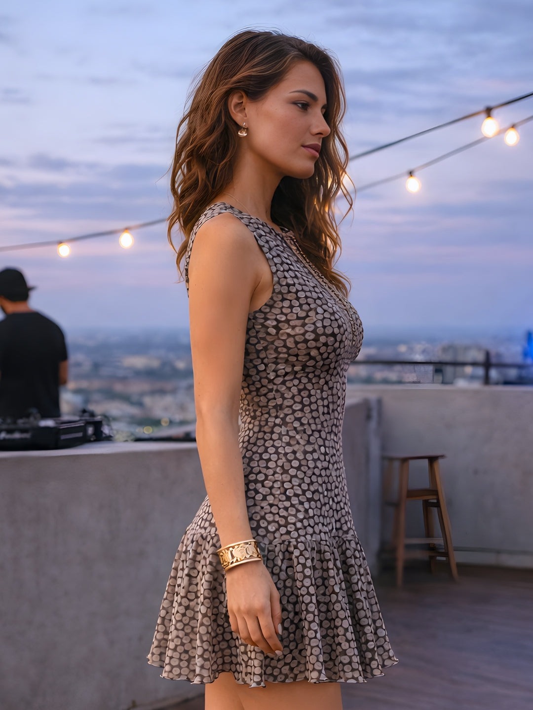 Brown Abstract Sleeveless Mini Dress