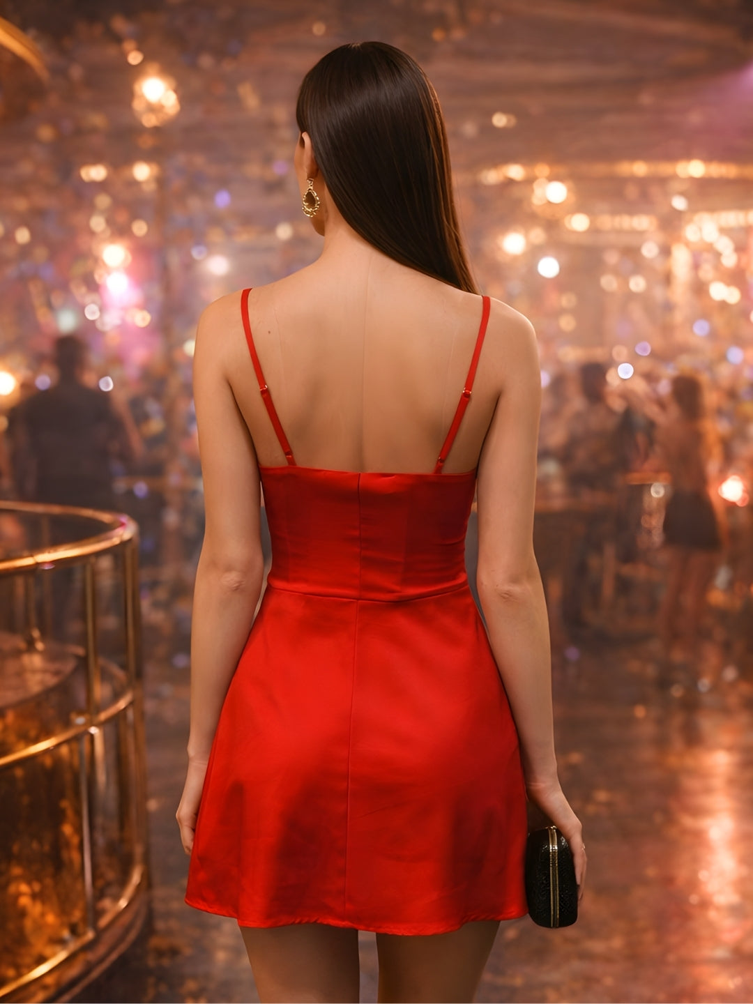Red Solid Shoulder Straps Mini Dress