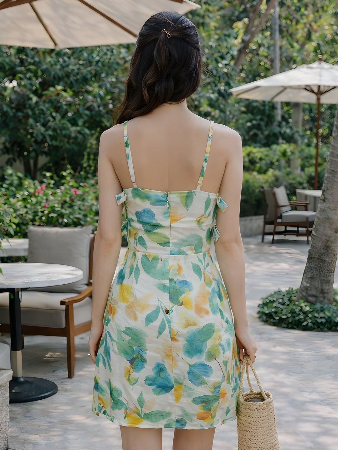 Cream Floral Shoulder Straps Mini Dress