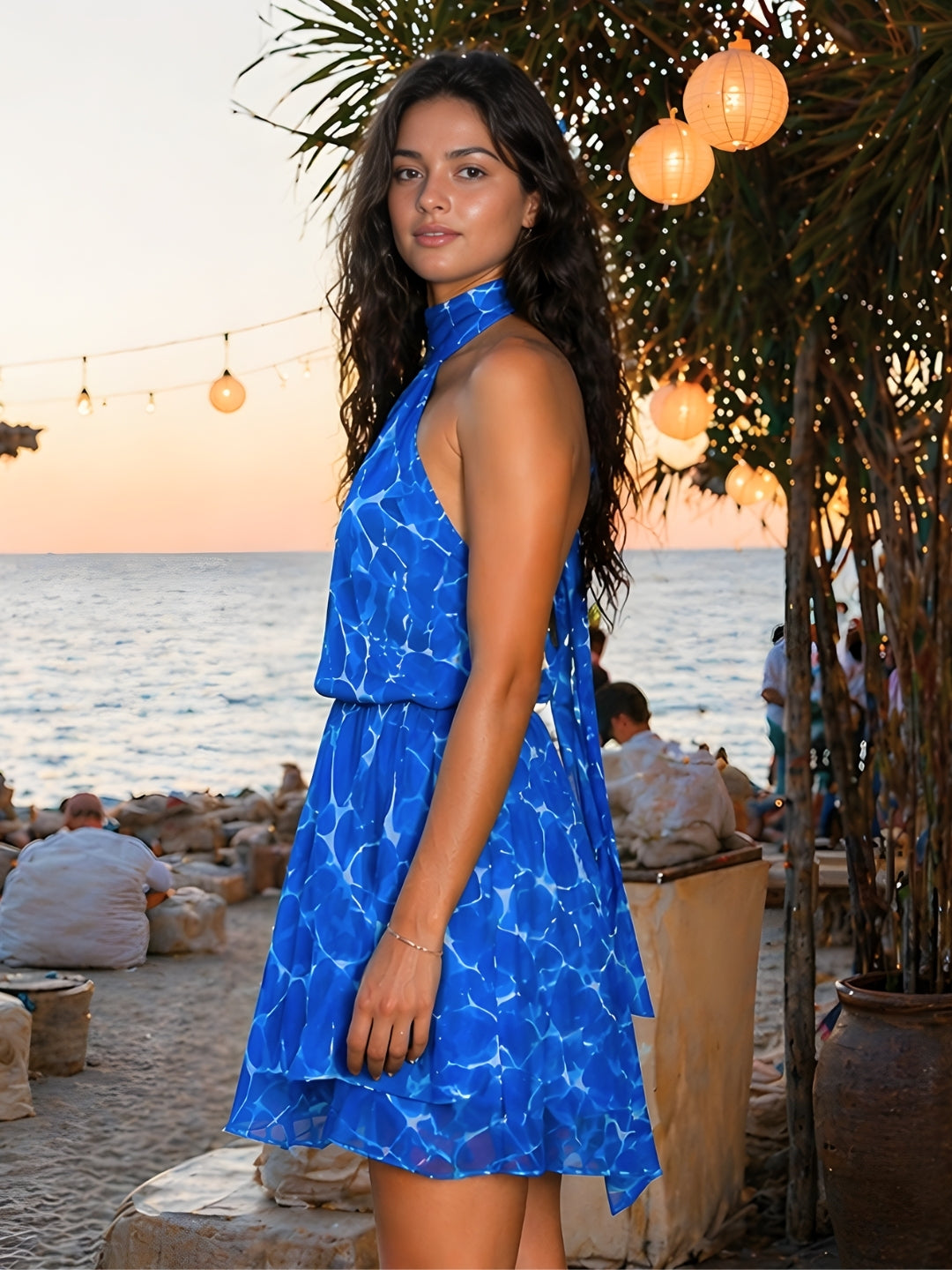 Blue Abstract Sleeveless  Scandinavian Scarf Dress