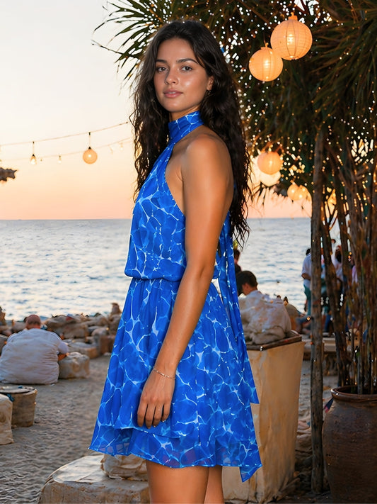 Blue Abstract Sleeveless  Scandinavian Scarf Dress