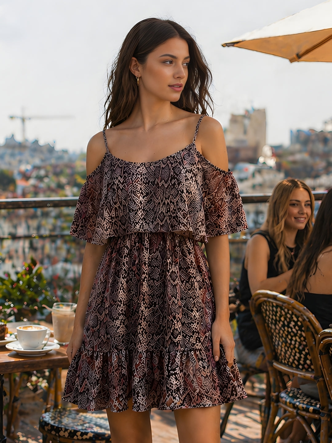Brown Animal Print Off-Shoulder Mini Dress