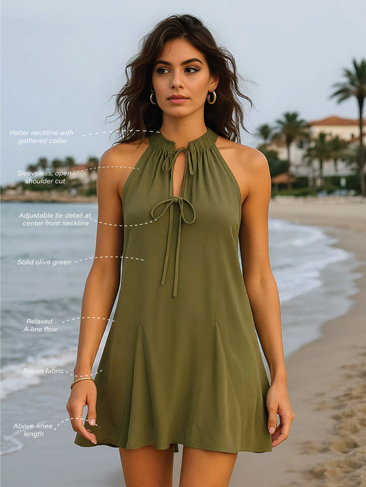 Olive Solid Sleeveless Mini Dress