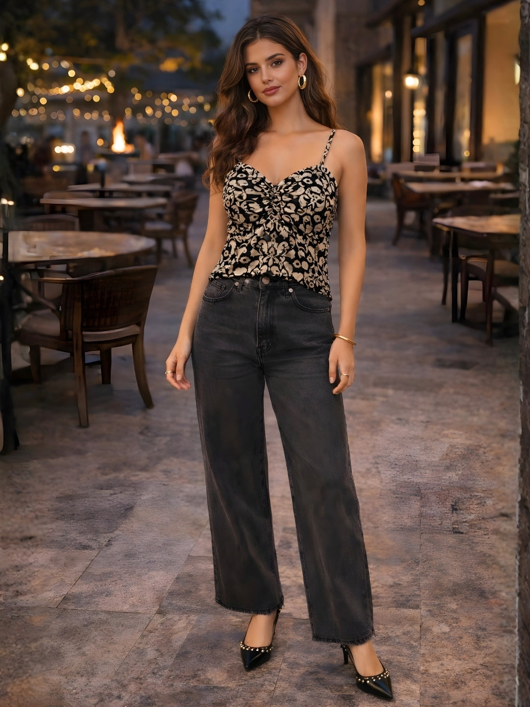 Black Ethnic Motifs Shoulder Straps Tops