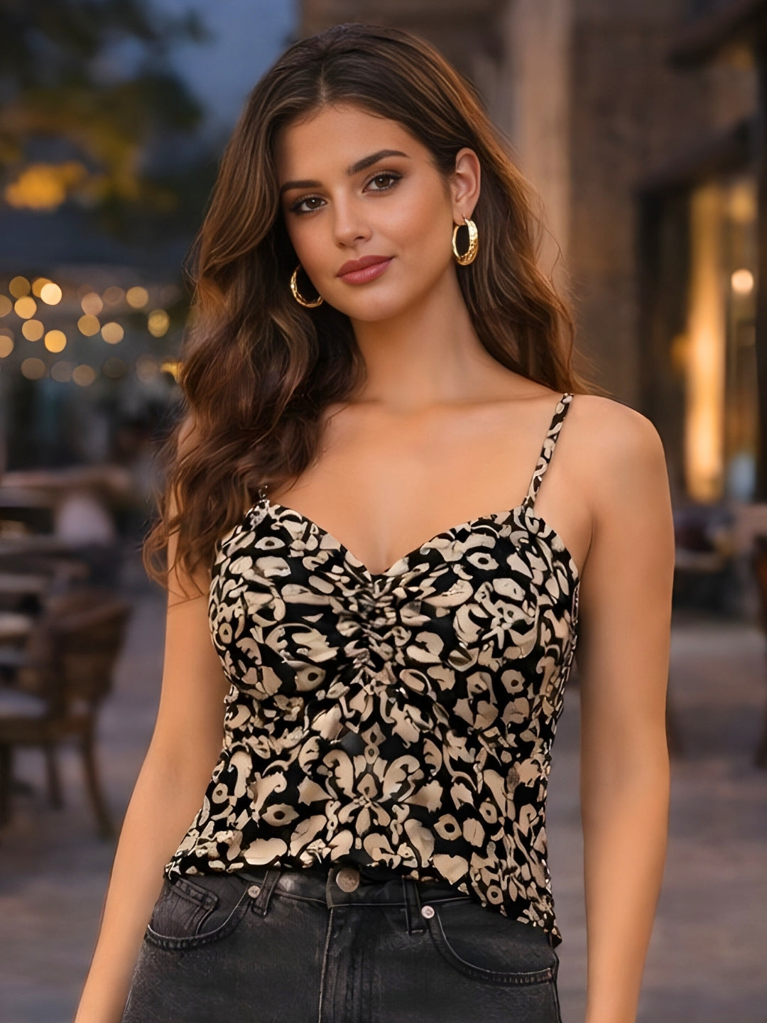 Black Ethnic Motifs Shoulder Straps Tops