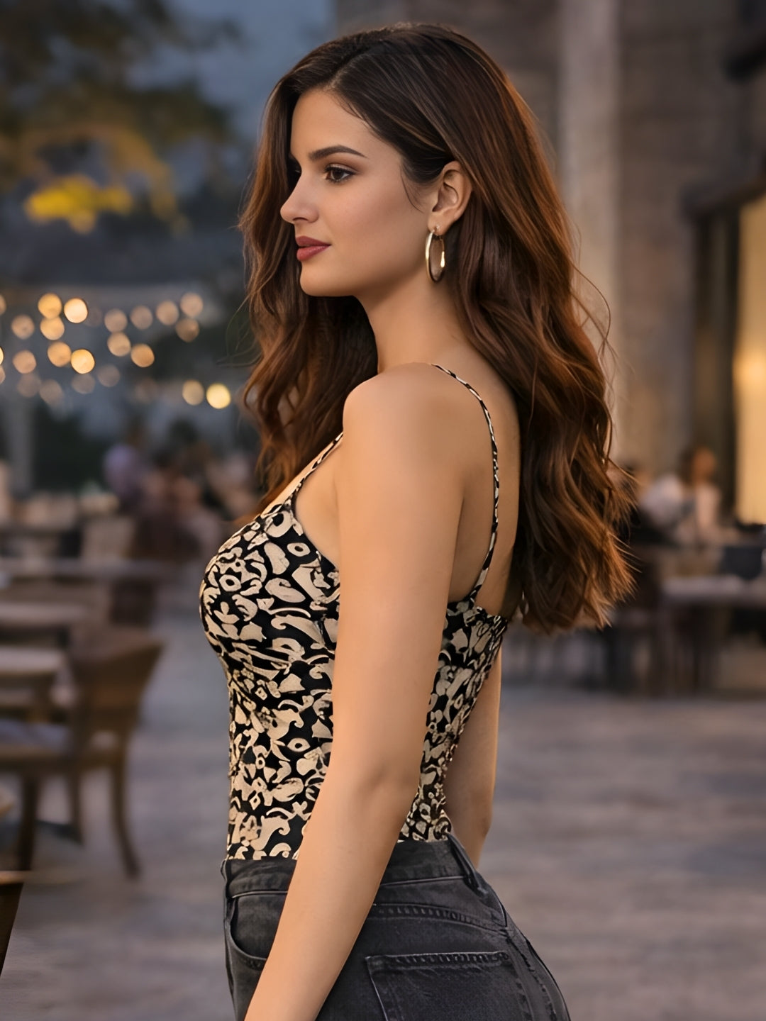Black Ethnic Motifs Shoulder Straps Tops