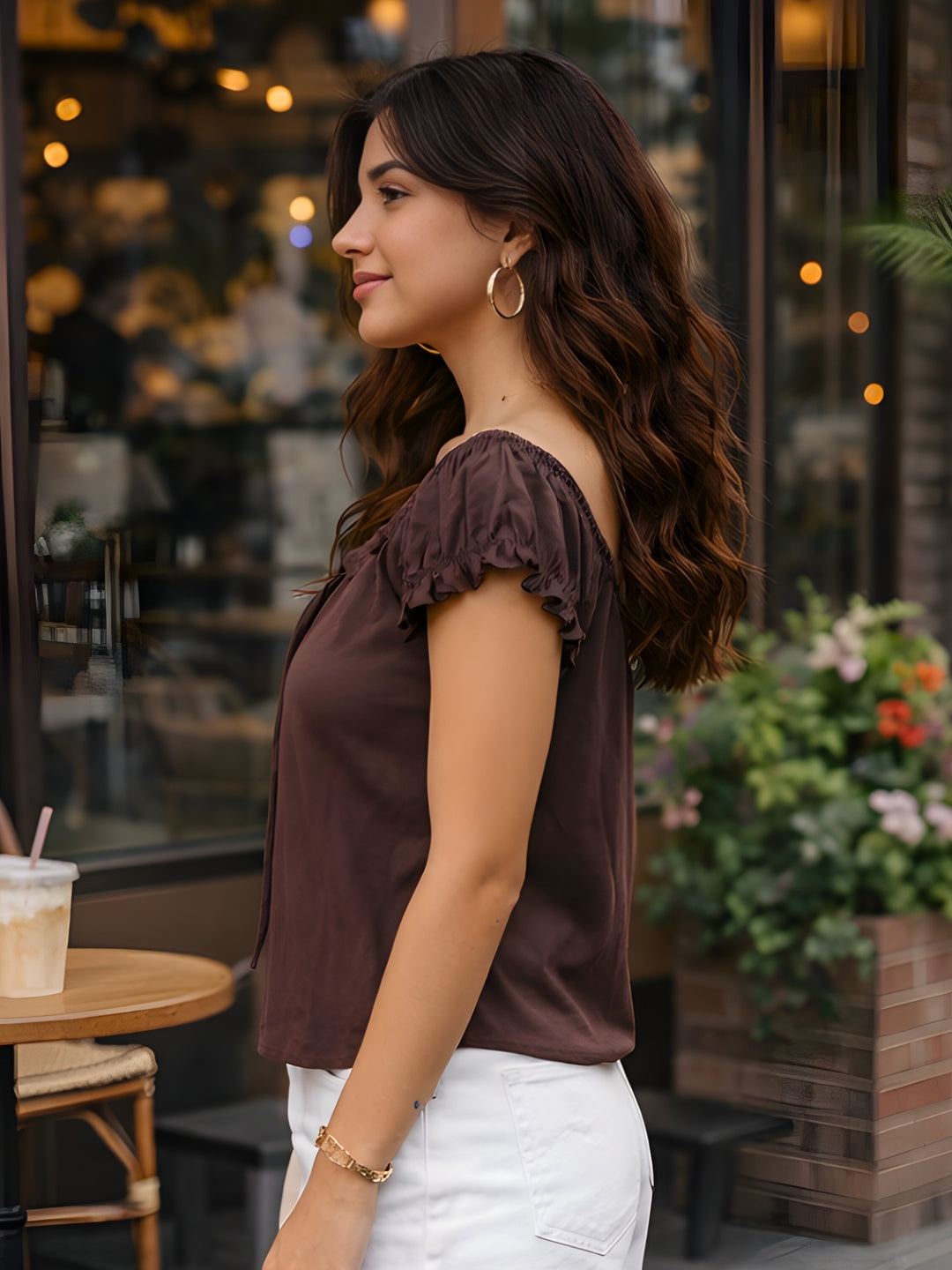 Brown Solid Short Tops