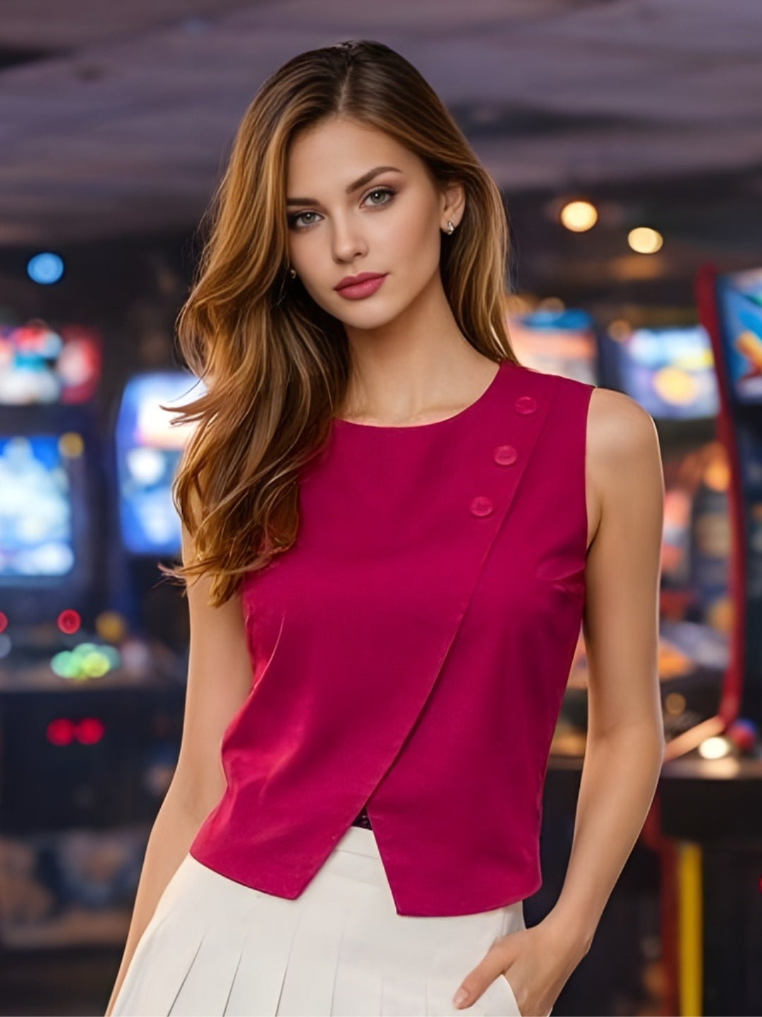 Magenta Solid Sleeveless Top