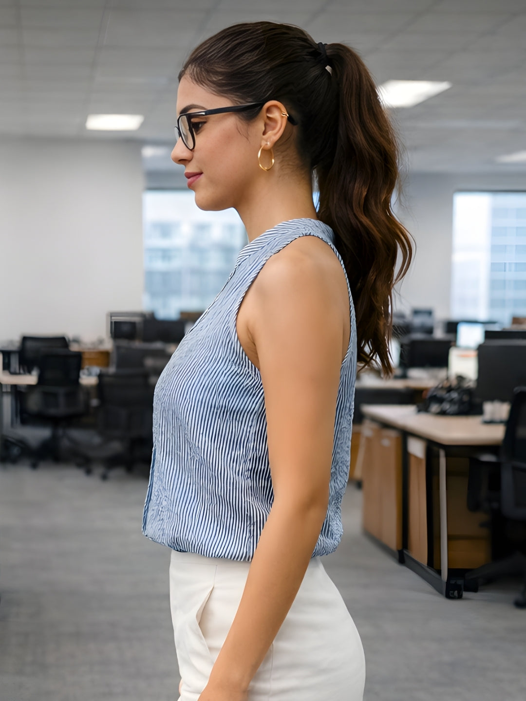 Blue Stripes Sleeveless Tops