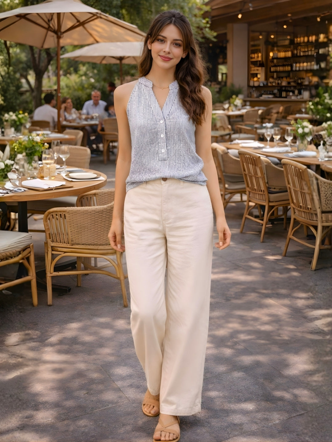 Grey Stripes Sleeveless Tops